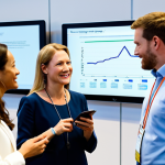 A diverse group of professional adults, fully clothed in modest business attire, actively engaged in a modern energy technology conference. The scene captures vibrant collaborative learning, with individuals presenting complex data on a large screen while others network and exchange ideas in small groups. The environment is bright and forward-looking, showcasing advanced tech displays and an atmosphere of knowledge acquisition, networking, and career development. Appropriate content, safe for work, fully clothed, professional, perfect anatomy, correct proportions, well-formed hands, natural pose, professional photography, high quality.