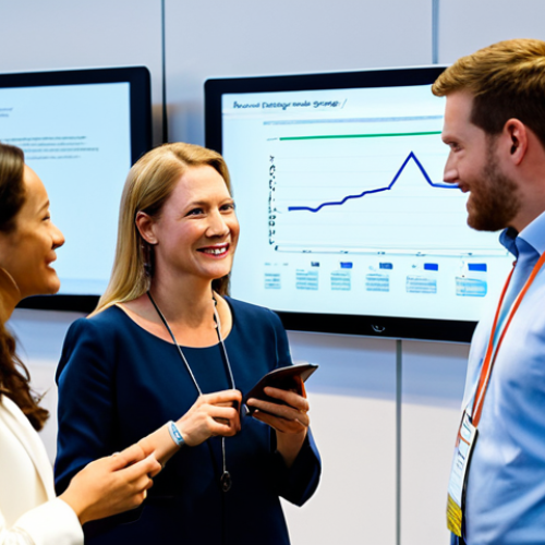 A diverse group of professional adults, fully clothed in modest business attire, actively engaged in a modern energy technology conference. The scene captures vibrant collaborative learning, with individuals presenting complex data on a large screen while others network and exchange ideas in small groups. The environment is bright and forward-looking, showcasing advanced tech displays and an atmosphere of knowledge acquisition, networking, and career development. Appropriate content, safe for work, fully clothed, professional, perfect anatomy, correct proportions, well-formed hands, natural pose, professional photography, high quality.